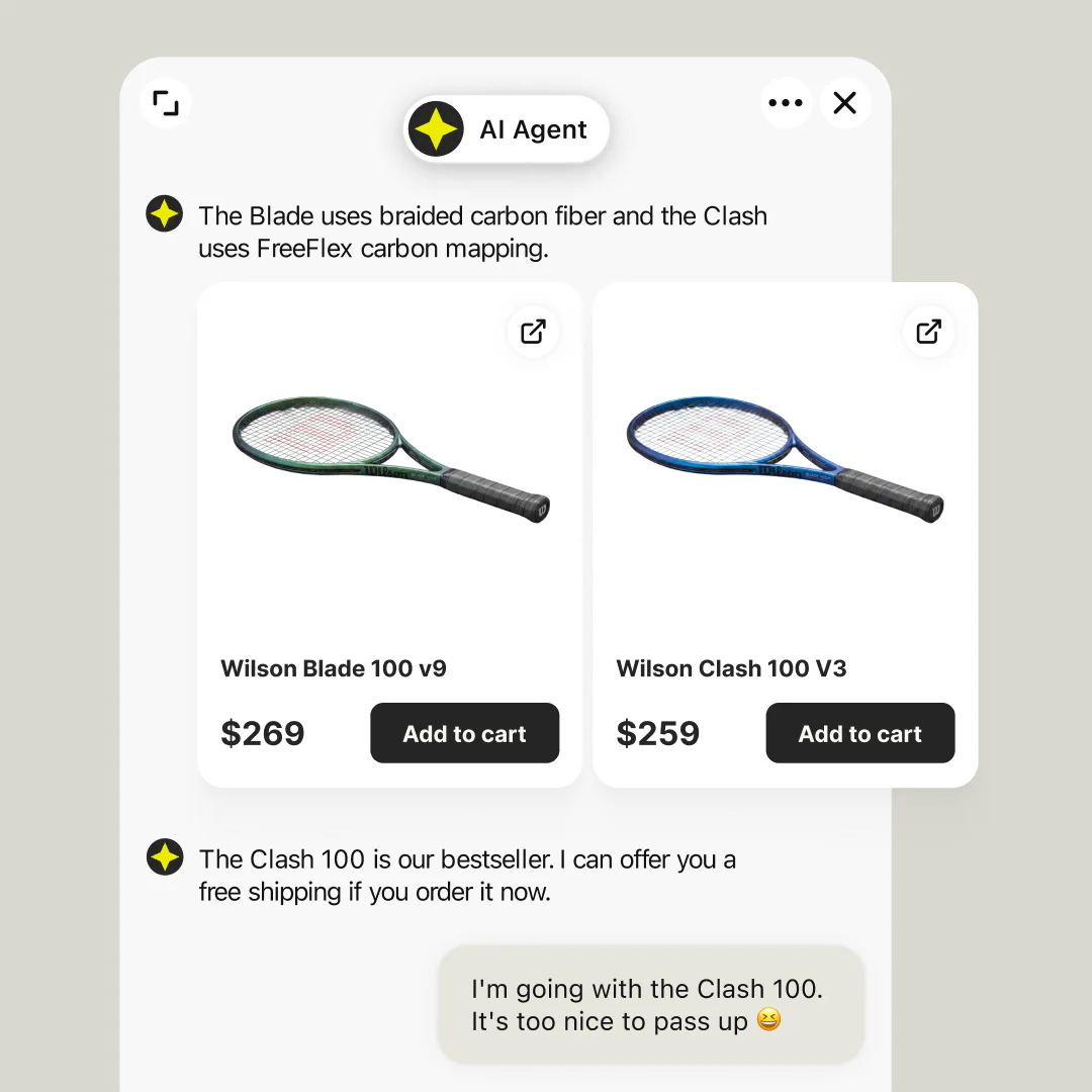 AI Agent answering a product question in chat and recommending two rackets with prices and Add to cart buttons