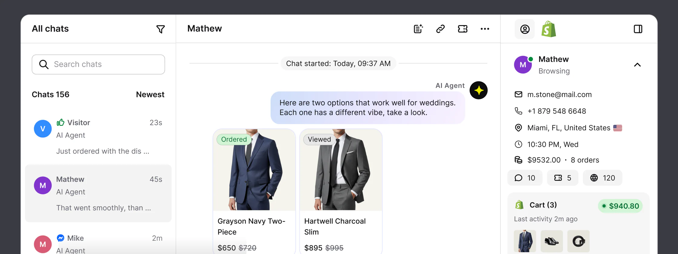 Agent view in Text with the conversation next to a Shopify panel showing the customer's profile, order history, and live cart