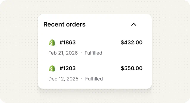 Recent Shopify orders beside a customer conversation