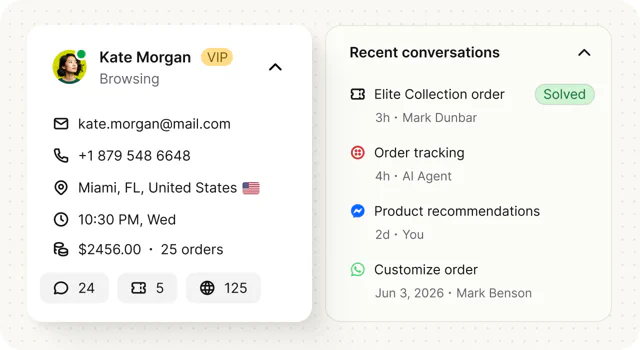 Customer profile and recent conversations beside the Inbox