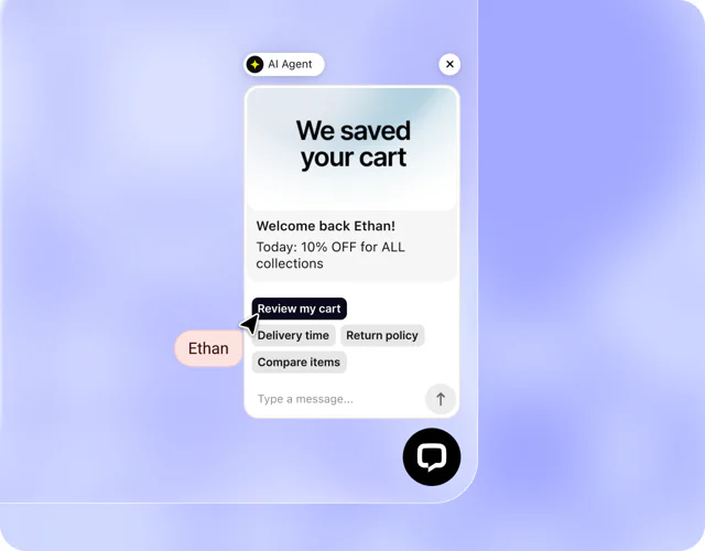 A saved cart campaign opens a live chat with a returning shopper