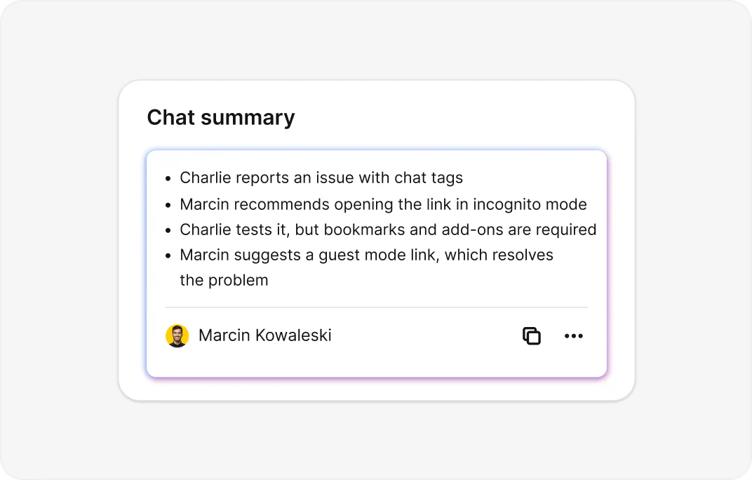 AI-generated conversation summary showing key points from customer chat in WooCommerce LiveChat