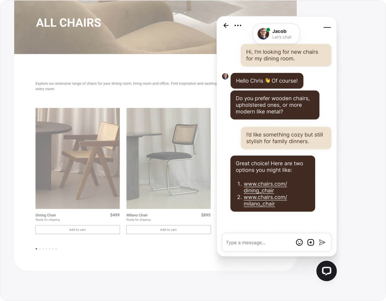 LiveChat widget integrated on WooCommerce website showing live conversation interface