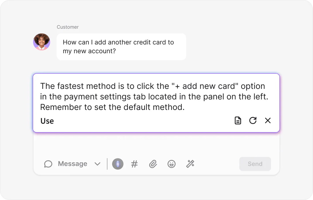 AI-powered reply suggestions feature generating customer support responses in WooCommerce