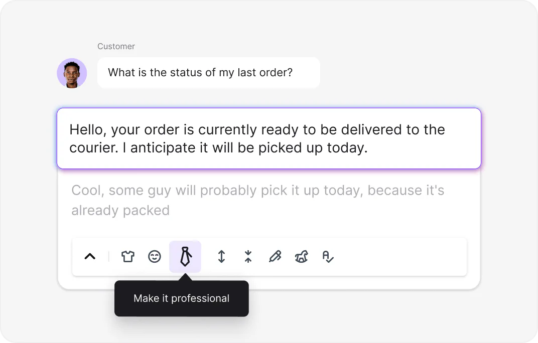 AI text enhancement tool adjusting message tone and style in LiveChat for WooCommerce